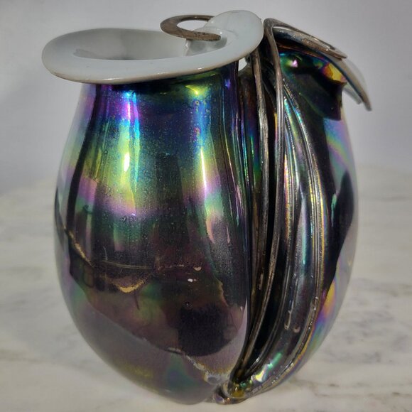 STUNNING VINTAGE IRIDESCENT STERLING SILVER FOLD OVER POTTERY CERAMIC VASE DISH - Picture 6 of 16